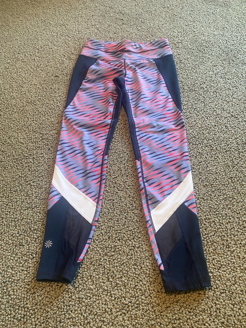 Athleta Purple and Pink Patterned Leggings with Navy Panels